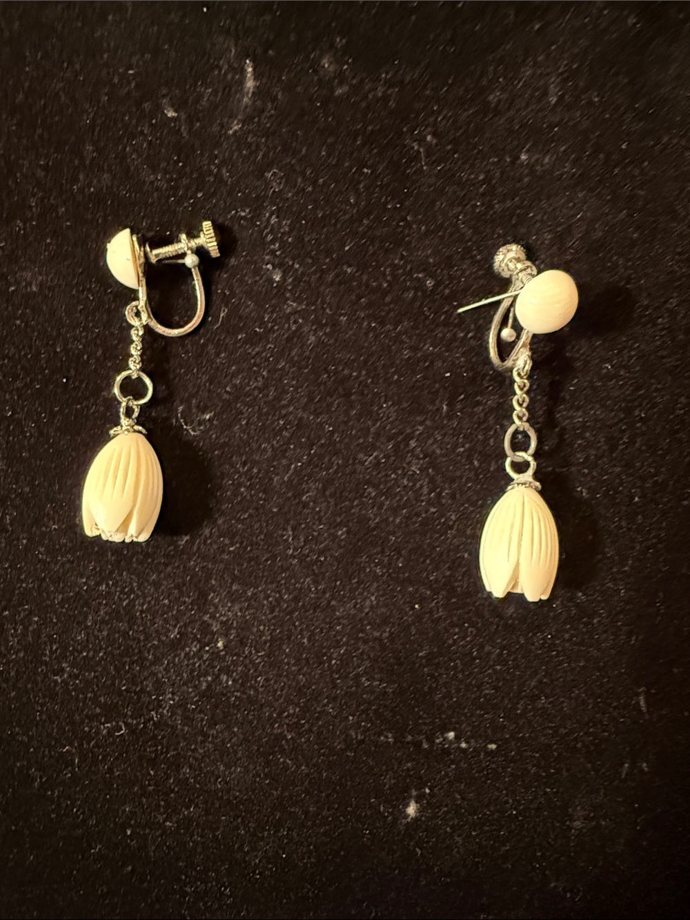 Vintage Carved Pikake Artisan Ivory Tulip Bud Drop Clip-On Earrings